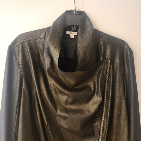 Lily Star Waterfall Draped Faux Suede Zip Jacket Black Gold Metallic Sz XXL Moto - Picture 7 of 11